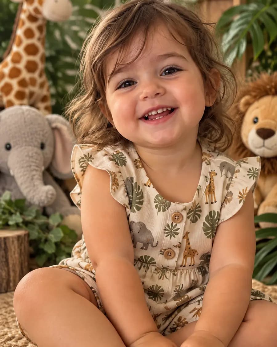 Depois: a mesma menina em um cenário de safari com cara de estúdio